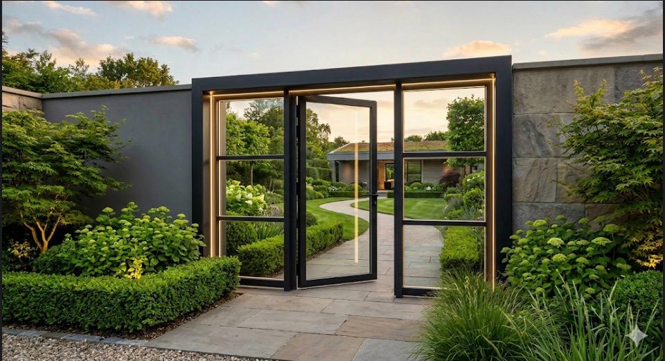 Modern Cam ve Çelik Bahçe Giriş Kapısı Modern villa yaya giriş kapısı projesi – SRB İnşaat